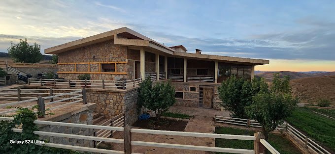 Entrance view of Rise In Valley hotel in Ifrane, Morocco, surrounded by cedar trees and mountains.