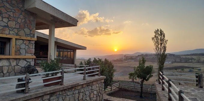 Entrance view of Rise In Valley hotel in Ifrane, Morocco, surrounded by cedar trees and mountains.