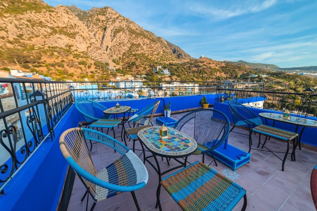 Rooftop breakfast at Iguana Azul overlooking Chefchaouen’s blue medina walls”