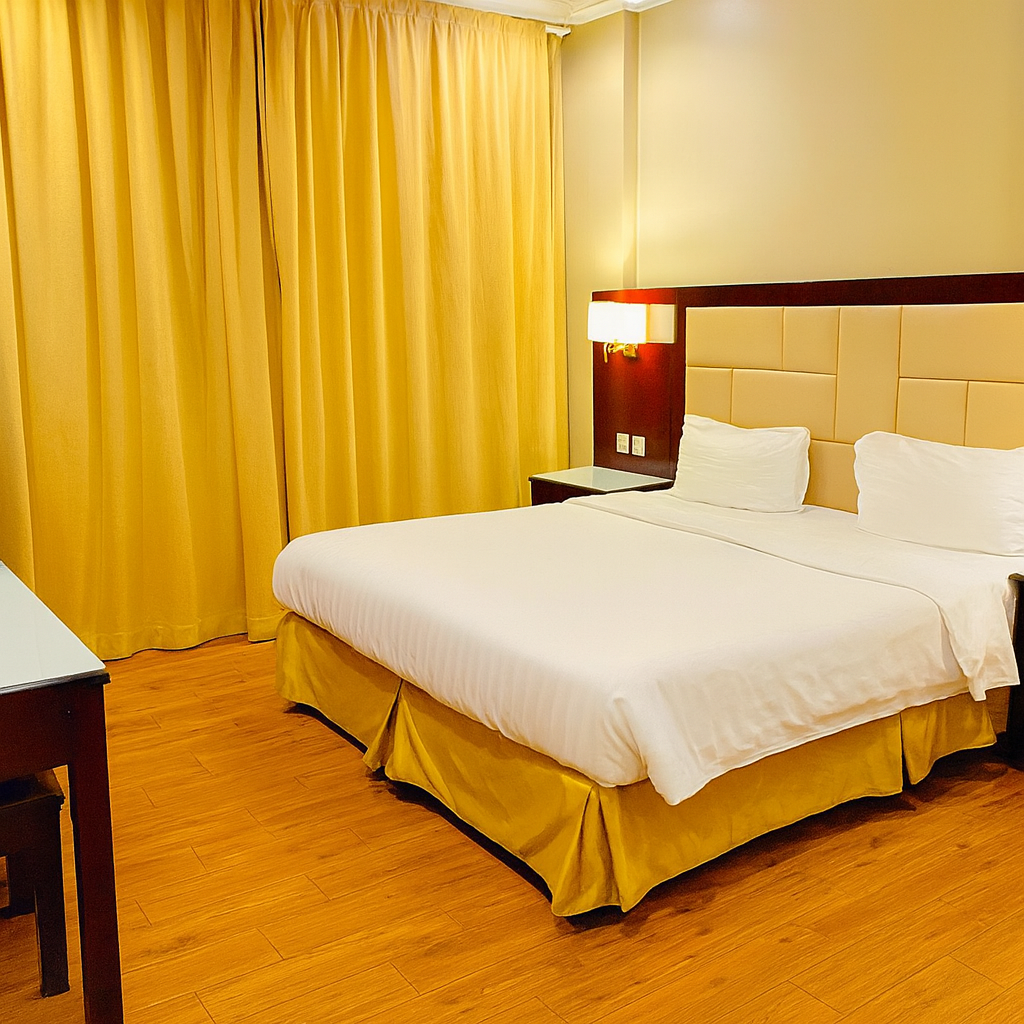 A hotel room featuring a large bed with a dark headboard, warm ambient lighting, bedside tables, and modern décor in beige and brown tones