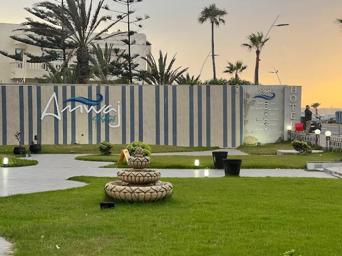 Amwaj Hotel reception lobby with Moroccan decor and bright seating area
