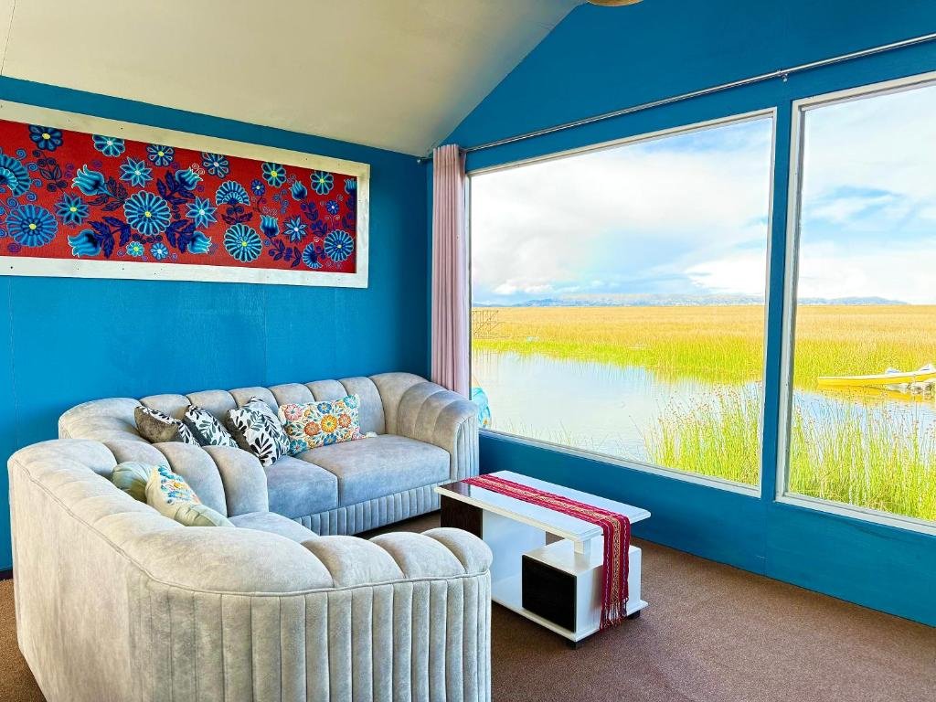 Luxury room with lake view at UROS KAY PACHA Lodge on the Uros floating islands Peru